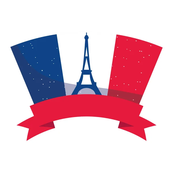 France eiffel torre bandeira e fita design vetorial — Vetor de Stock