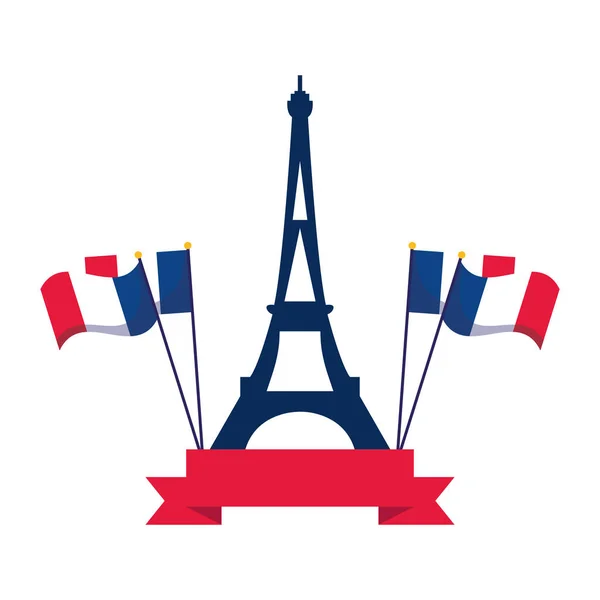 Γαλλία Πύργος του Άιφελ με σημαίες και κορδέλα σχεδιασμό διάνυσμα — Διανυσματικό Αρχείο