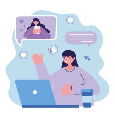 Dizüstü bilgisayarı olan genç bir kadın ve akıllı telefon konuşmalarıyla ilgili bir kız.