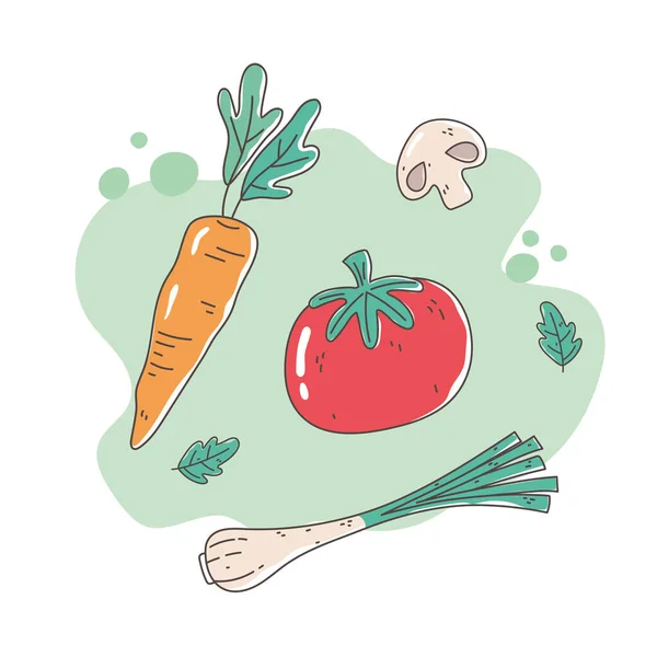 Alimentación saludable alimentación dieta tomate ecológico cebolla zanahoria y champiñones frescos — Vector de stock