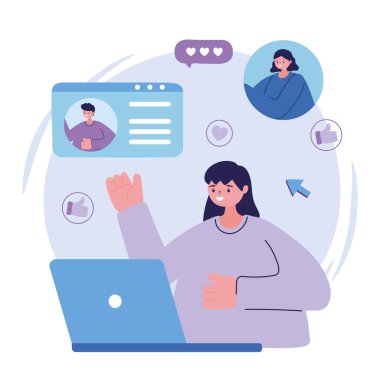 Dizüstü bilgisayarlı genç bir kadın sohbet tasarımı yapıyor.