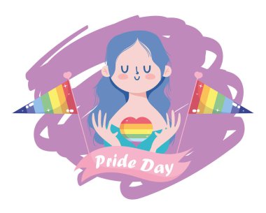 Lgtbi bayrakları ve kalp vektör tasarımlı kız çizgi filmi