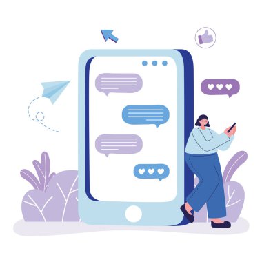 Akıllı telefon uygulamalı genç bir kadın sohbet ediyor.