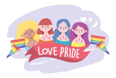 Lgtbi bayraklı kızlar ve gururlu kurdele tasarımı.