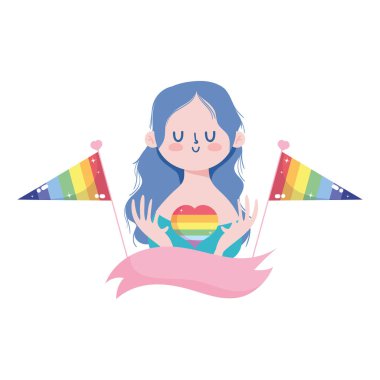 LIgtbi kalbi ve bayraklı vektör tasarımı olan kız çizgi filmi