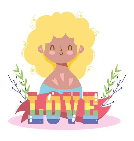 Desenhos animados menina com lgtbi amor texto e deixa design vetorial — Vetor de Stock