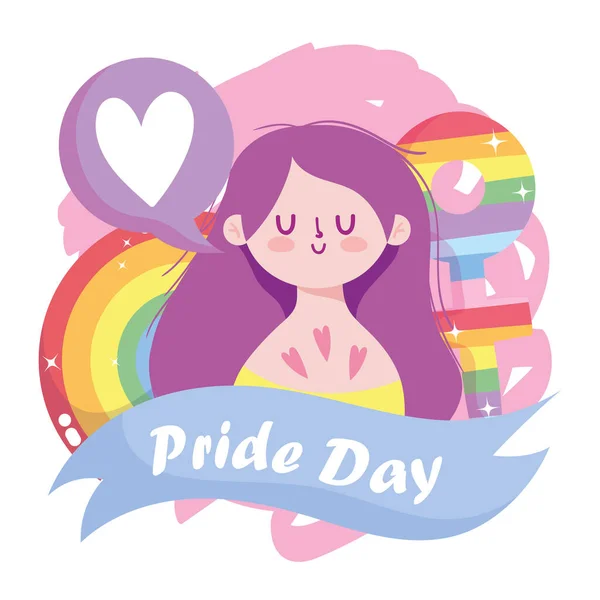 Chica de dibujos animados con lgtbi femenino género y corazón diseño de vectores de burbujas — Vector de stock