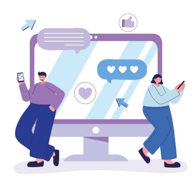 Akıllı telefon kullanan genç adam ve kadın sosyal medya sohbeti