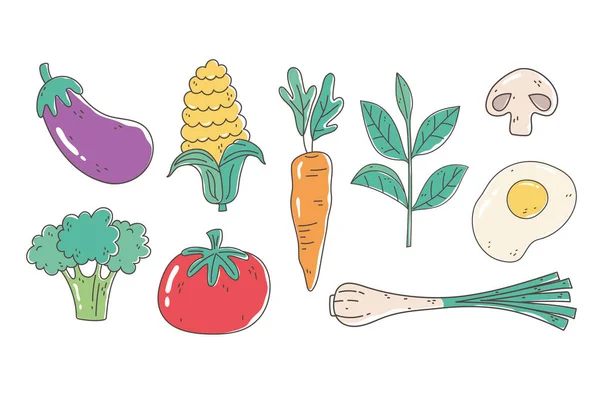 Egészséges táplálkozás étrend bio friss padlizsán sárgarépa paradicsom tojás gomba brokkoli — Stock Vector