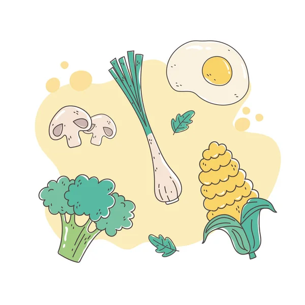 Здоровая пища диета органический жареный яичный лук брокколи гриб кукурузы — стоковый вектор