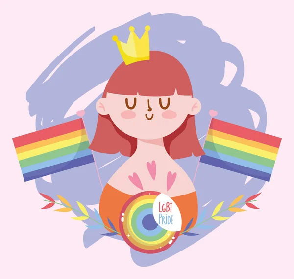 Chica de dibujos animados con la corona y banderas lgtbi diseño de vectores — Vector de stock