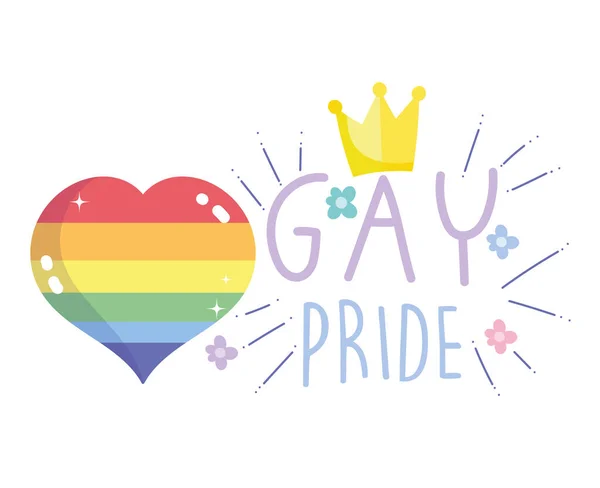 Felice orgoglio giorno, arcobaleno nel cuore corona celebrazione comunità LGBT — Vettoriale Stock