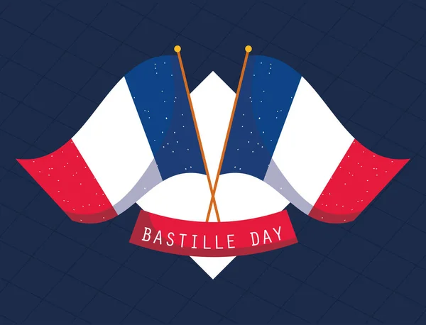 Banderas de Francia con cinta de feliz diseño vectorial día de la bastilla — Vector de stock