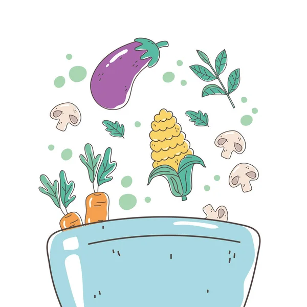 Bol d'aliments sains avec des carottes de maïs aubergine et champignon alimentation bio — Image vectorielle