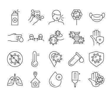 Tıbbi bakım ve covid 19 virüs çizgisi biçim ikonu vektör tasarımı