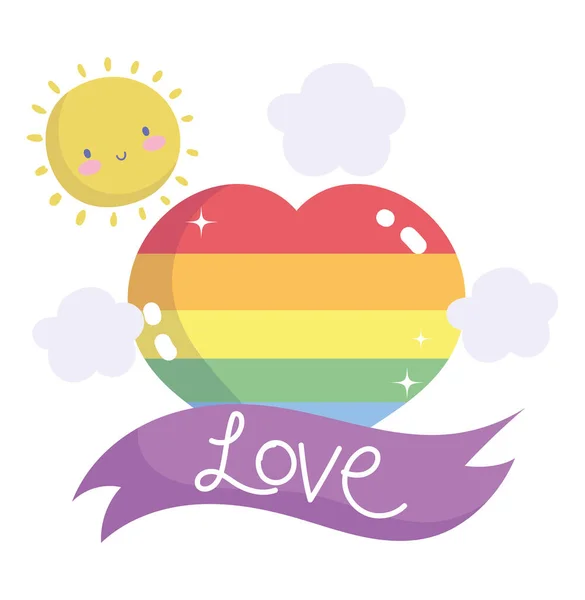 Felice orgoglio giorno, arcobaleno nel cuore sole nuvole cartone animato comunità LGBT — Vettoriale Stock