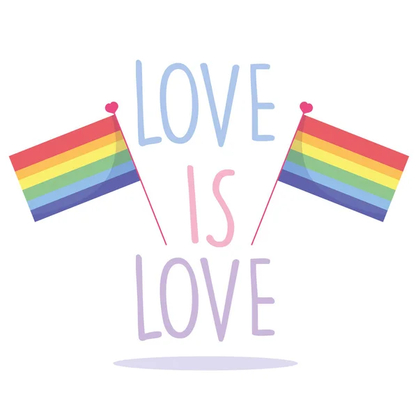 Feliz dia de orgulho, amor lettering bandeiras arco-íris comunidade LGBT — Vetor de Stock