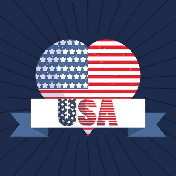 EUA bandeira coração com design de vetor fita — Vetor de Stock