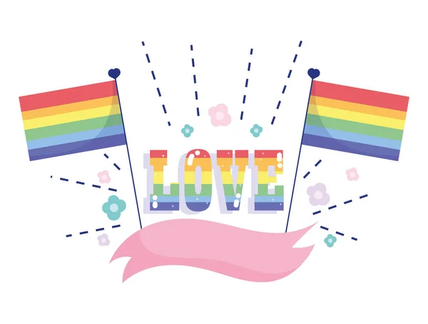 Felice orgoglio giorno, bandiere arcobaleno fiori nastro comunità LGBT — Vettoriale Stock