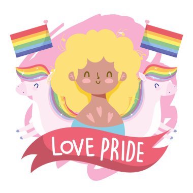 Lgtbi atları, bayrakları ve kurdele vektör tasarımlı kız çizgi filmi.