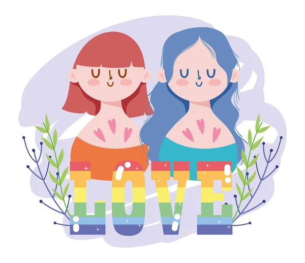 Desenhos animados meninas com lgtbi amor texto e deixa design vetorial — Vetor de Stock