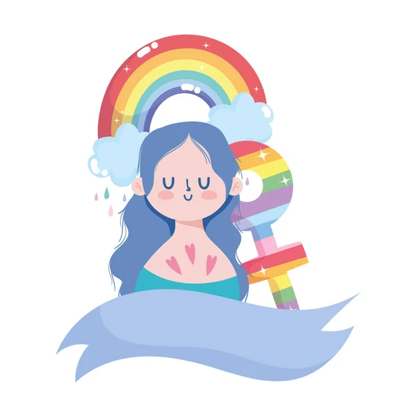 Mädchen-Karikatur mit lgtbi-Regenbogen mit Schleifenvektor-Design — Stockvektor