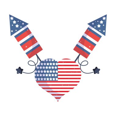 İzole edilmiş ABD bayrağı kalp wirh havai fişek vektör tasarımı
