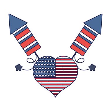 İzole edilmiş ABD bayrağı kalp wirh havai fişek vektör tasarımı