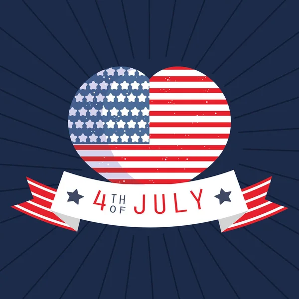 Usa vlaggenhart met 4 juli lint vector ontwerp — Stockvector