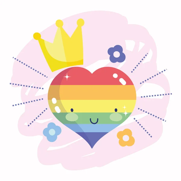 Felice orgoglio giorno, arcobaleno in amore cuore con fiori corona comunità LGBT — Vettoriale Stock