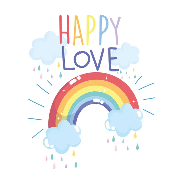 Felice orgoglio giorno, nuvole arcobaleno lettering celebrazione comunità LGBT — Vettoriale Stock