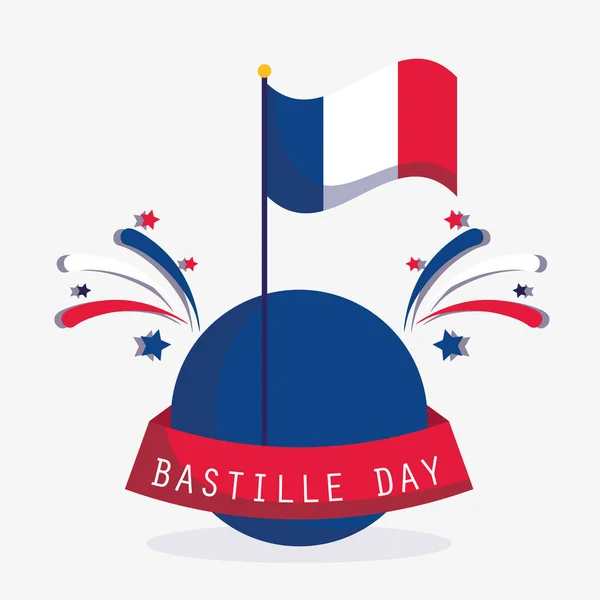 Franse vlag en vuurwerk met lint van vrolijke bastille dag vector ontwerp — Stockvector
