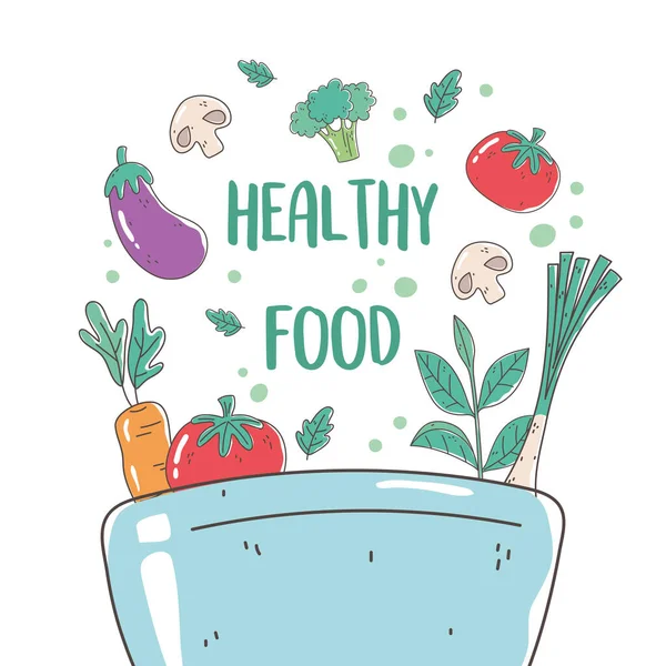 健康食品碗，西红柿、茄子、胡萝卜、蘑菇、营养餐有机食品 — 图库矢量图片