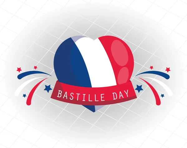 Corazón de la bandera de Francia con cinta de feliz diseño vectorial del día de la bastilla — Vector de stock