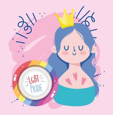 Taç ve lgtbi mühür vektör tasarımlı kız çizgi filmi