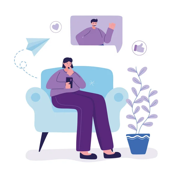 Young woman with smartphone sitting on sofa chatting — Stock Vector