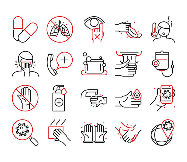 Медицинское обслуживание и ковид 19 вирусной линии биколор стиль иконки набор векторных конструкций
