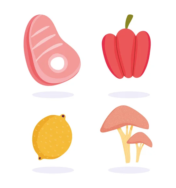 Здоровое питание, мясо стейк перец грибы и фрукты здоровья диеты иконы — стоковый вектор
