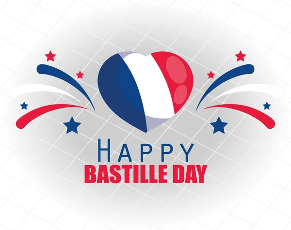 France flag heart with fireworks of happy bastille day vector design — Stock Vector