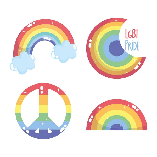 Felice orgoglio giorno, arcobaleno distintivo di genere LGBT comunità icone impostate — Vettoriale Stock