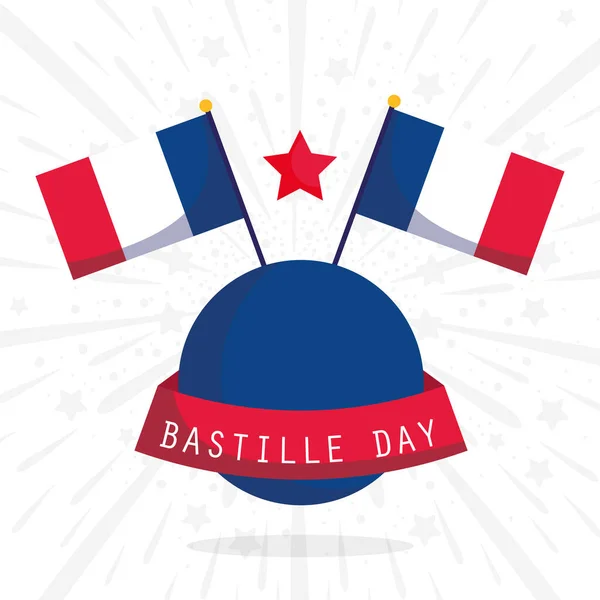Banderas de Francia con estrella y cinta de feliz diseño vectorial día de la bastilla — Archivo Imágenes Vectoriales
