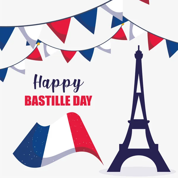Fransa Eyfel Kulesi ve mutlu Bastille Günü vektör tasarımının bayrağı — Stok Vektör