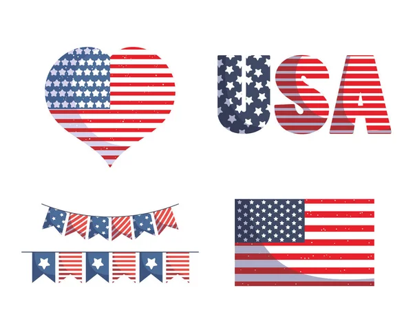 Usa independência dia bandeira coração e bandeira pennant vetor design — Vetor de Stock
