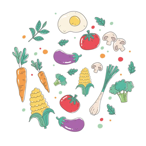 Здоровое питание диета органический свежий урожай помидоры грибы баклажанов и брокколи — стоковый вектор