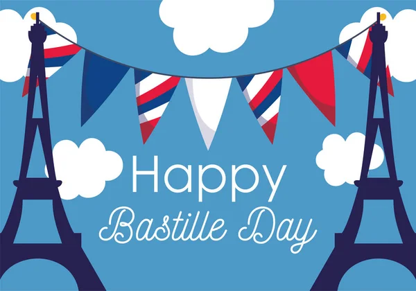 Башни Франса Эйфеля со знаменем счастливого векторного дня Бастилии — стоковый вектор