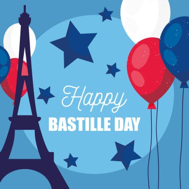 Fransa Eyfel Kulesi ve mutlu Bastille Günü vektör tasarımı balonları
