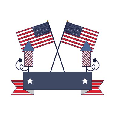 Kurdele vektör tasarımlı ABD bayrakları ve havai fişekleri izole edildi