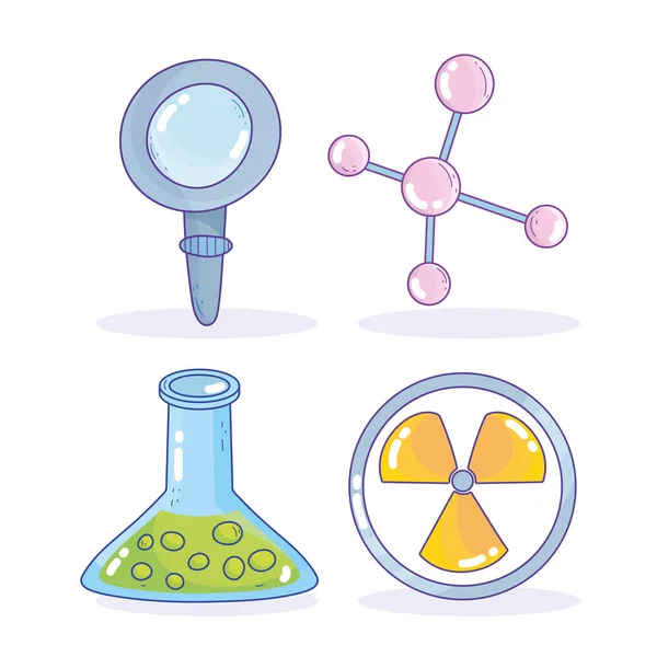 Ciência medicina nuclear lupa átomo beaker laboratório de pesquisa —  Vetores de Stock