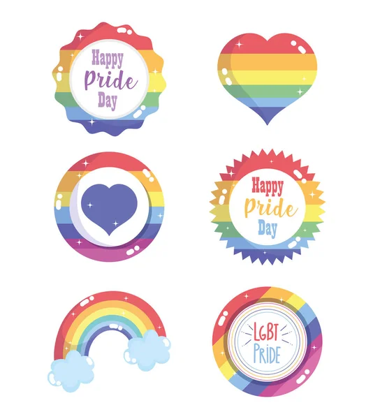 Felice orgoglio giorno, bandiera arcobaleno cuore etichetta badge set comunità LGBT — Vettoriale Stock