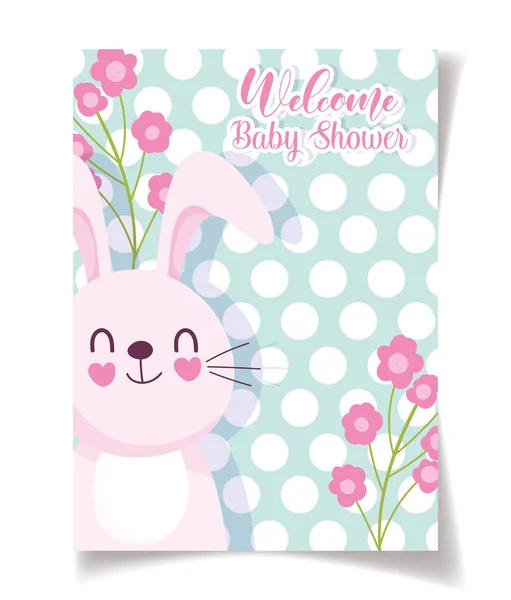 Baby shower królik i kwiaty karty uroczystości, szablon zaproszenie powitalne — Wektor stockowy